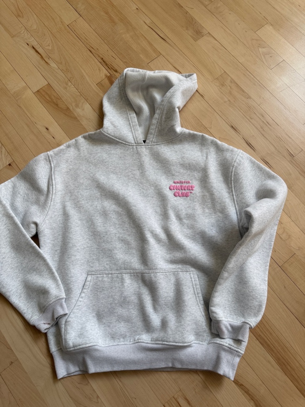 White Fox Boutique Light Gray Hoodie with Pink Chest Logo